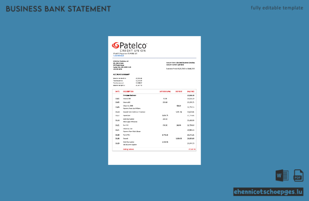 USA California Patelco Credit Union Firmenkontoauszug Word- und PDF-Beispielvorschau